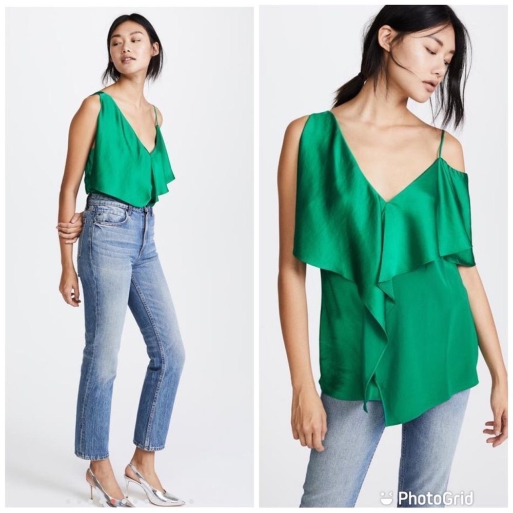 DVF Satin Asymmetrical Camisole Tank Sleeveless V-Neck Ruffle Emerald Green L